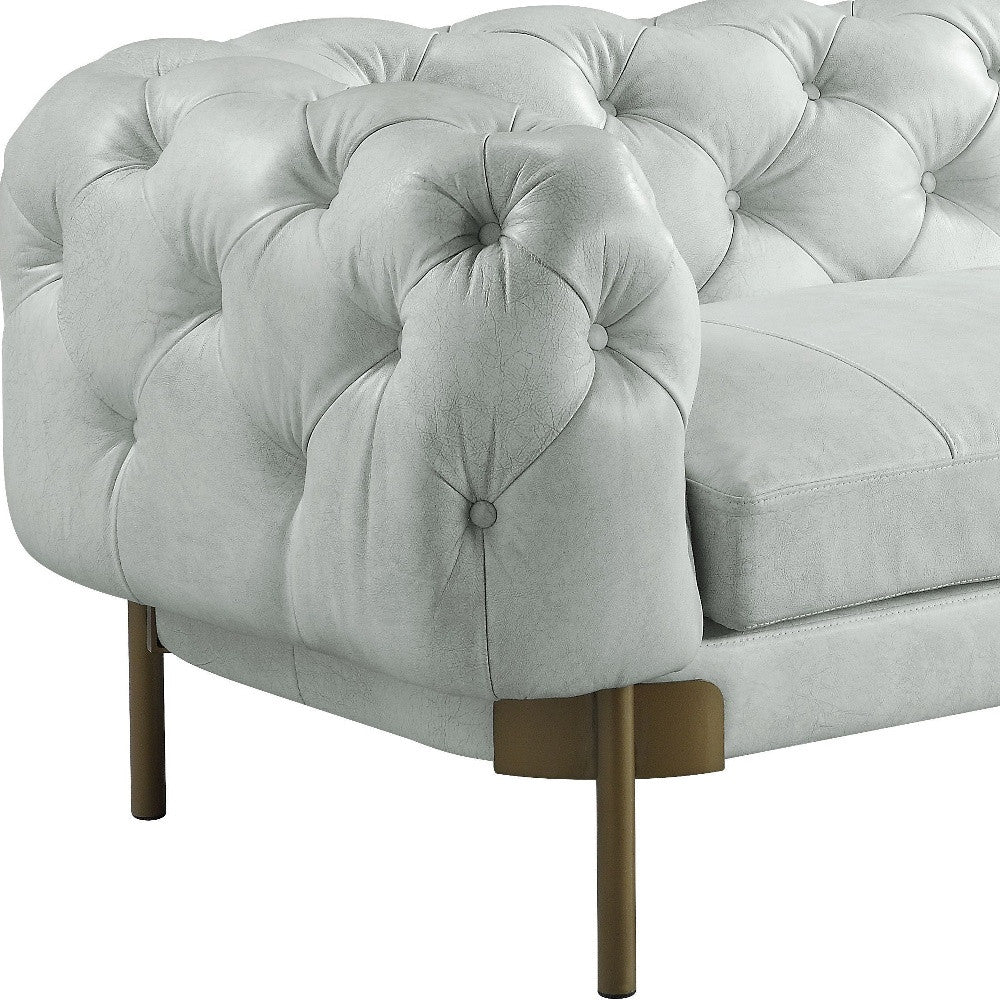 96" Vintage White Top Grain Leather And Gold Sofa