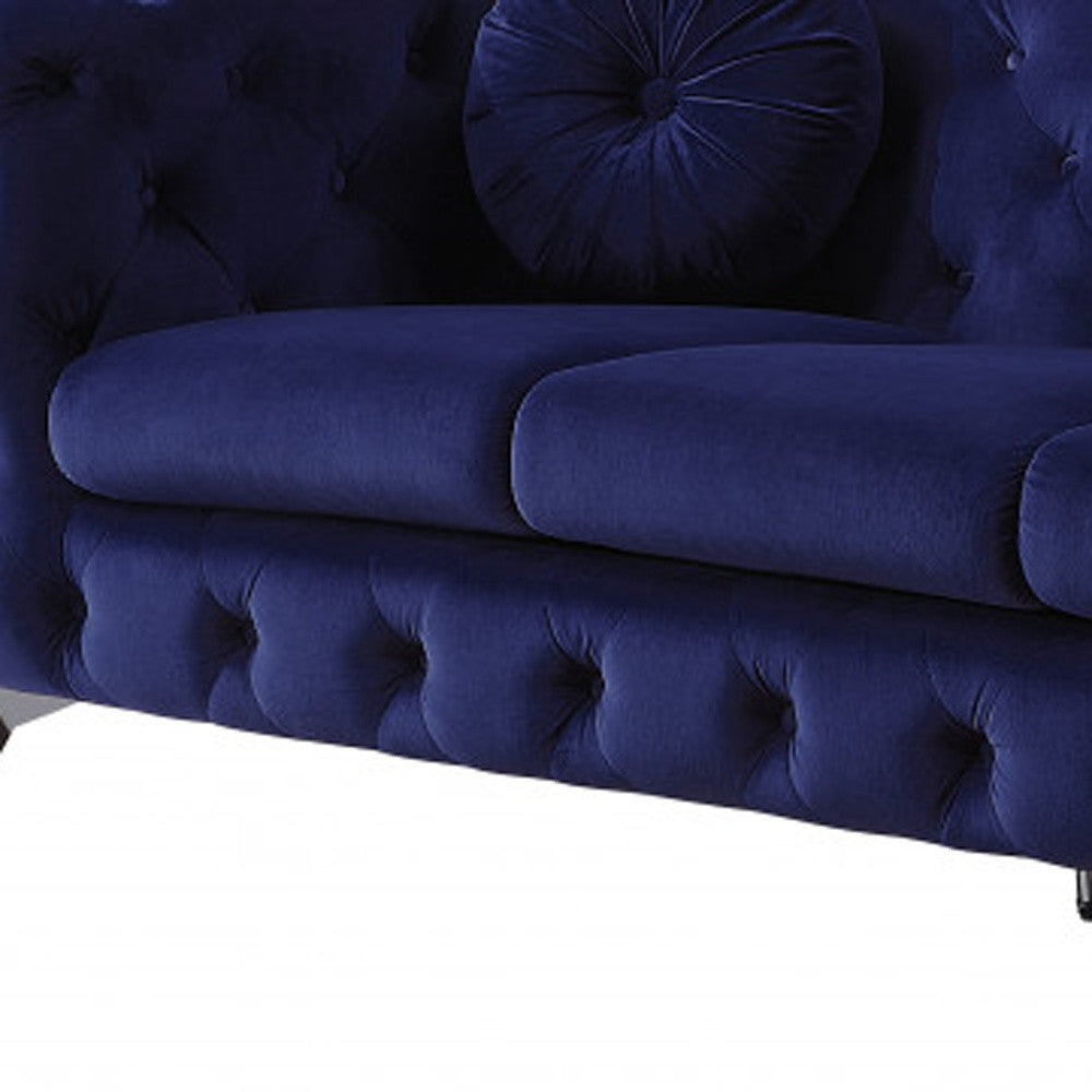 90" Blue And Silver Velvet Sofa