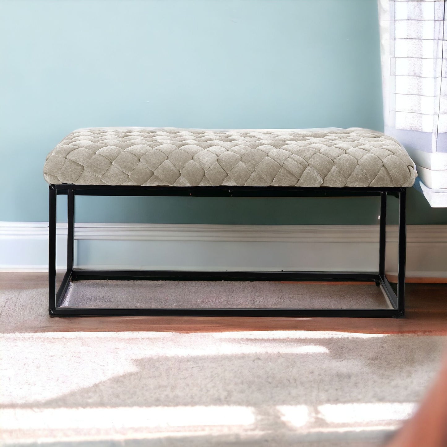 39" Cream And Black Upholstered Velvet Bench