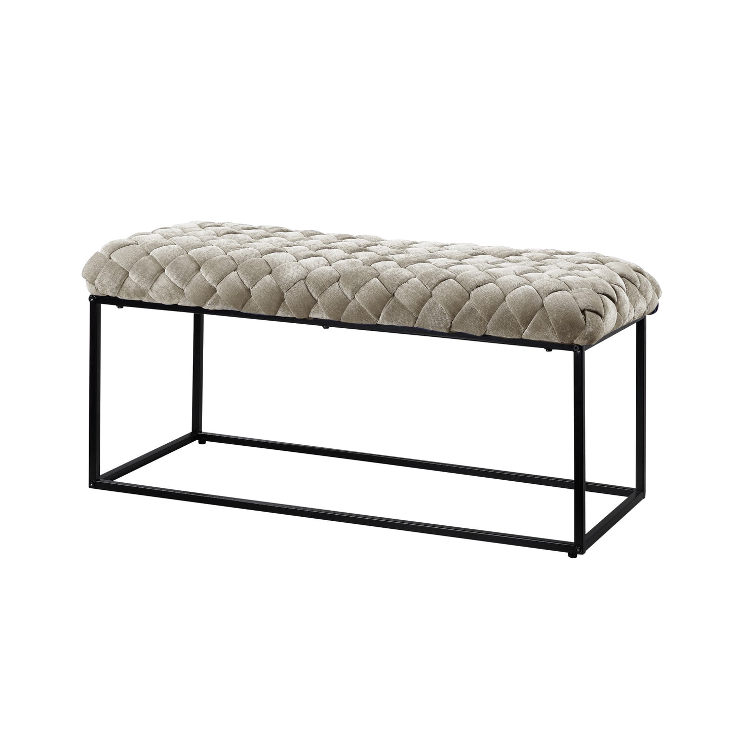 39" Cream And Black Upholstered Velvet Bench