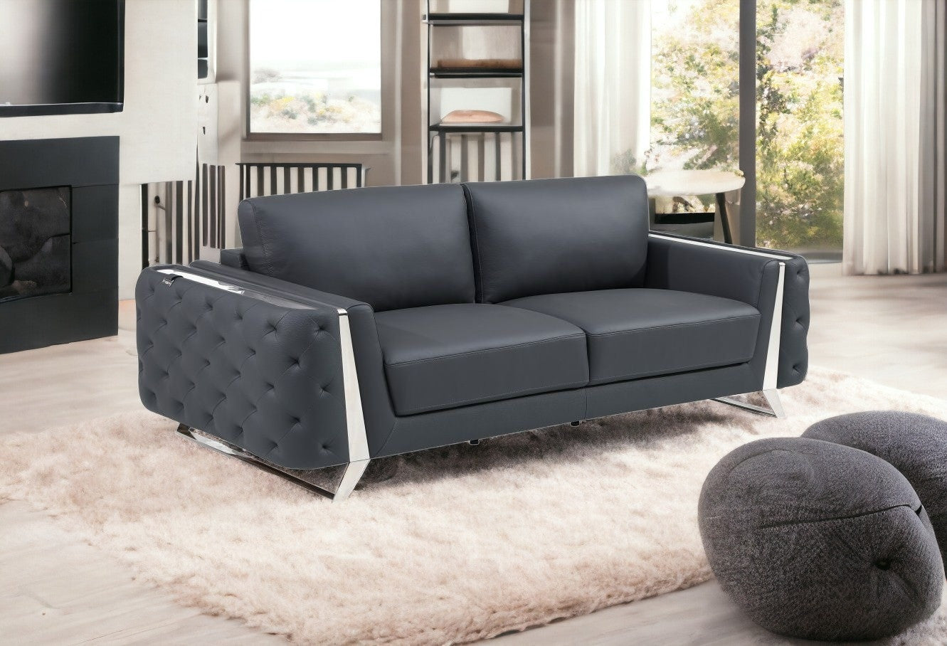 90" Gray And Silver Italian Leather Sofa