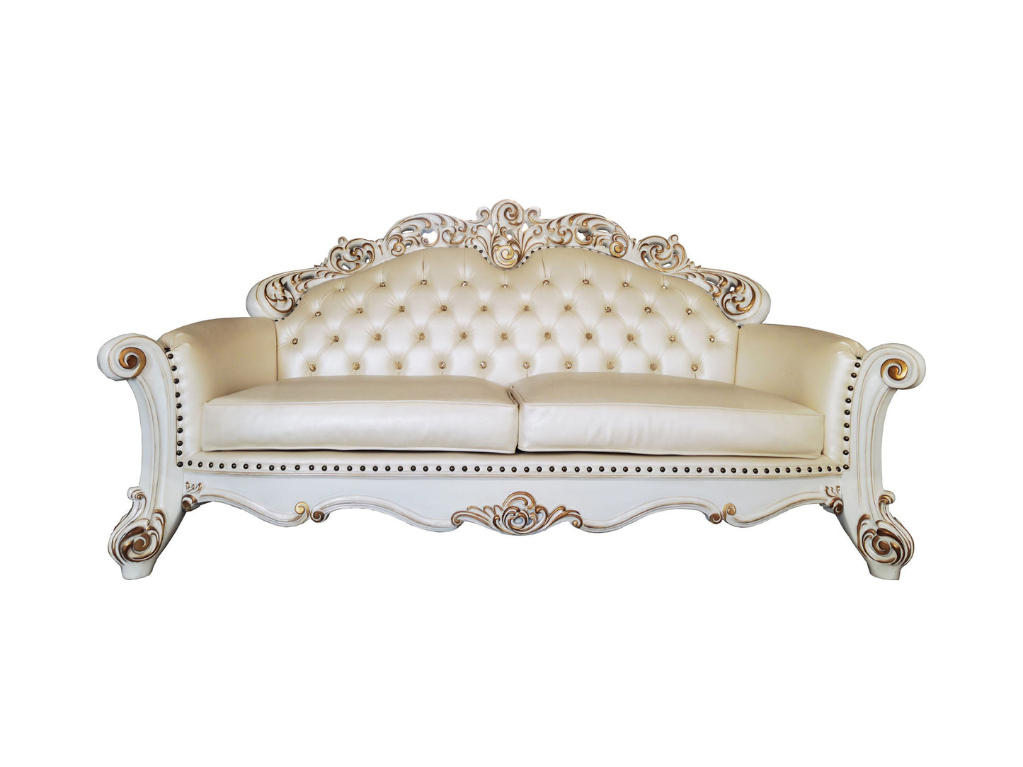 96" Champagne Faux Leather And Pearl Sofa With Five Toss Pillows