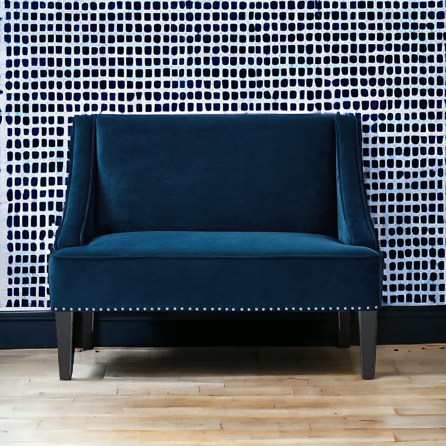 45" Navy Blue And Brown Upholstered Velvet Bench