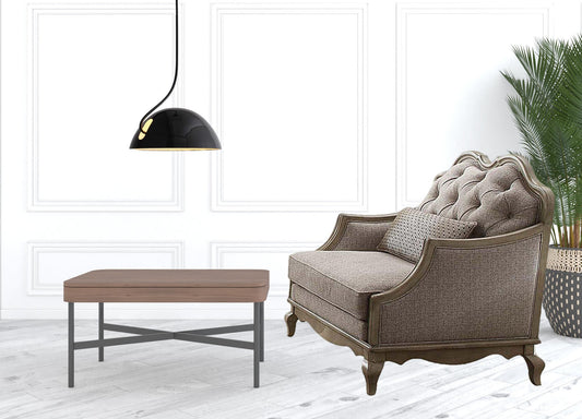 38" Beige Fabric And Black Tufted Arm Chair