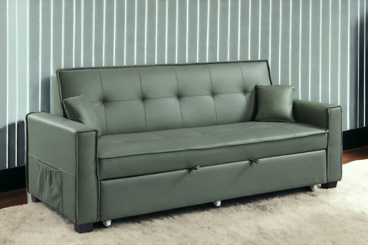 82" Green Velvet And Black Sleeper Sofa With Two Toss Pillows