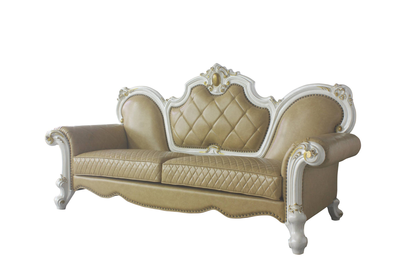 93" Butterscotch Faux Leather And Pearl Sofa With Five Toss Pillows