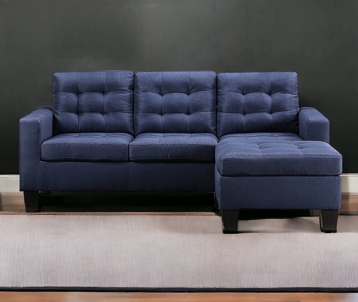 81" Blue Linen And Black Sofa