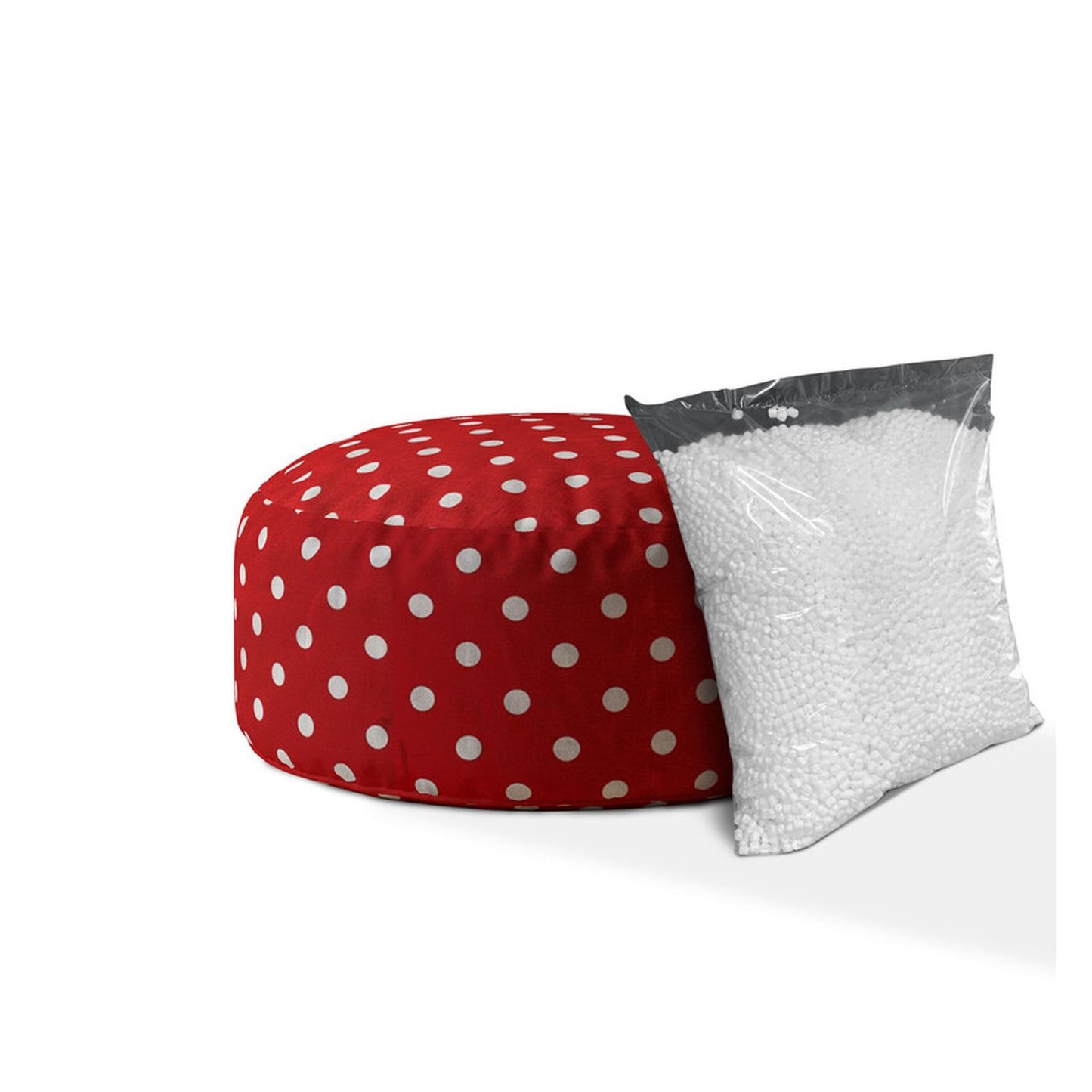 24" Red Cotton Round Polka Dots Pouf Ottoman