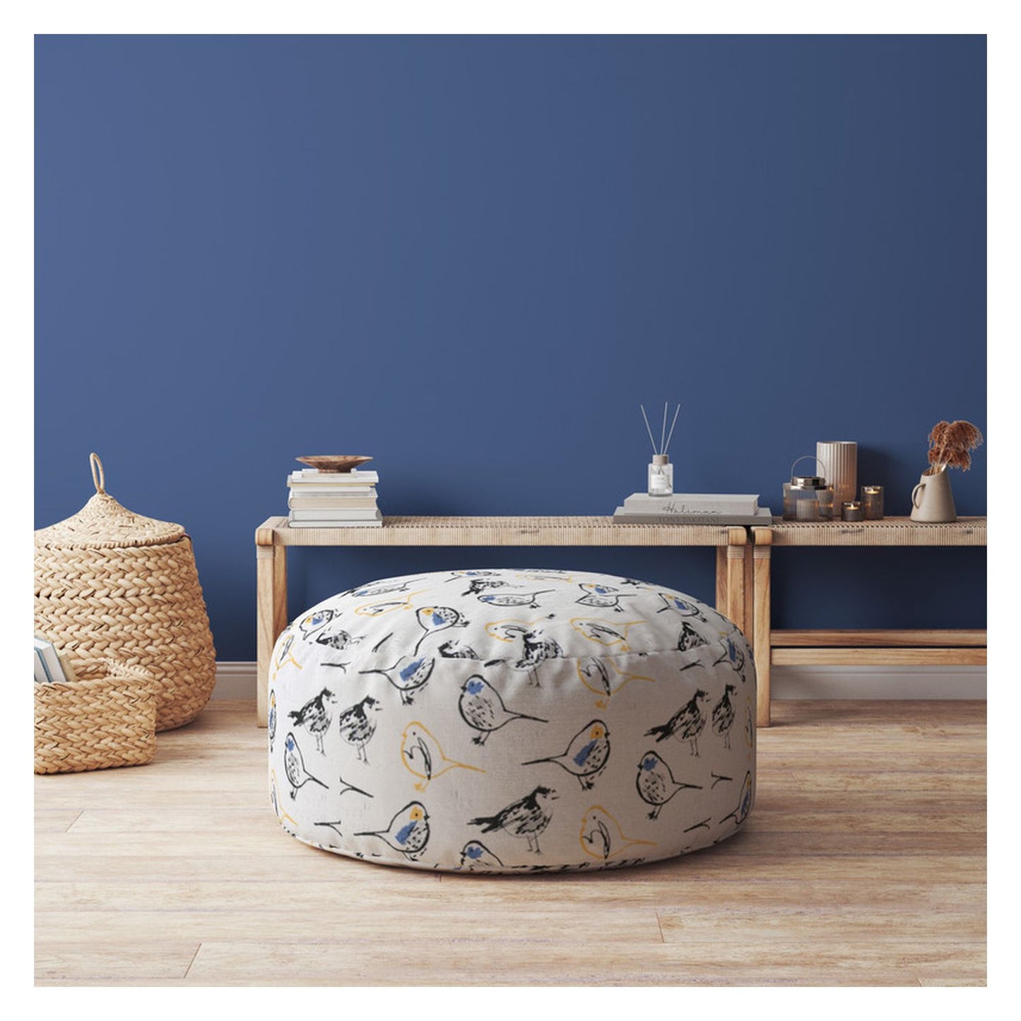 24" Yellow And White Canvas Round Birds Pouf Ottoman