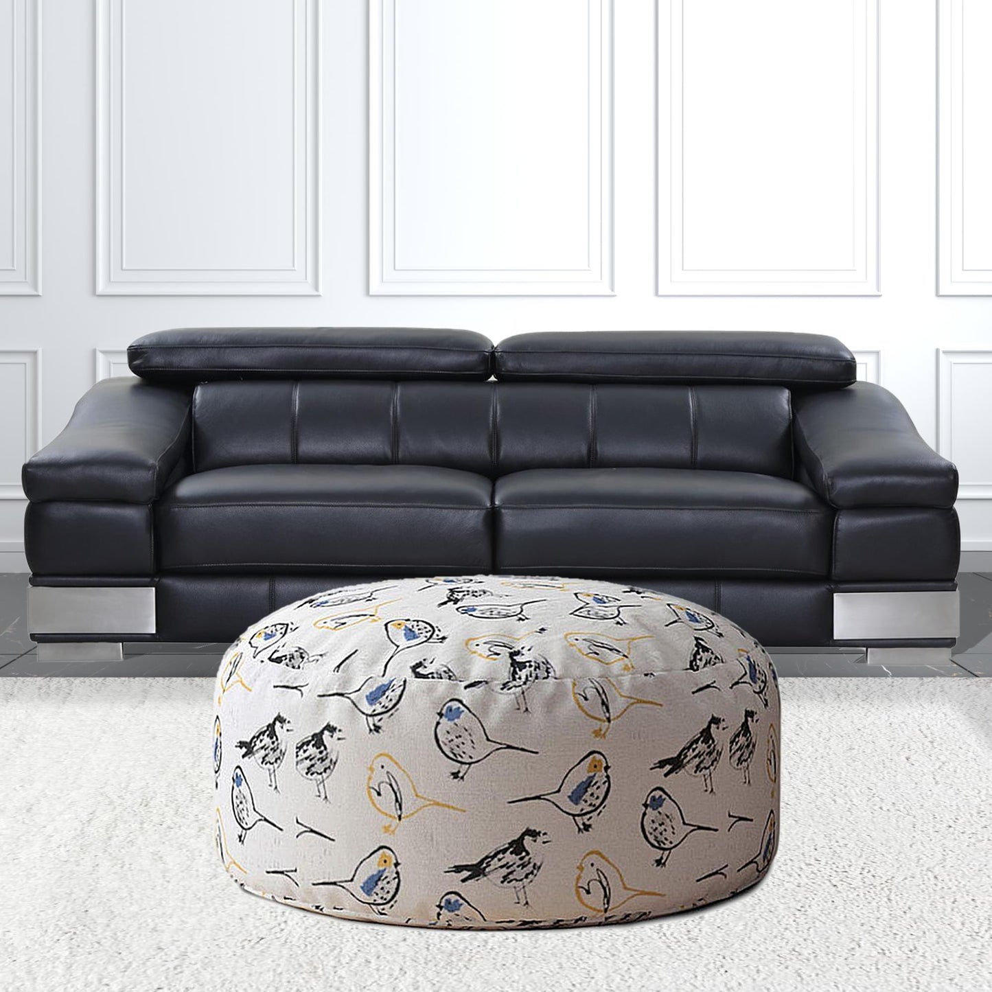 24" Yellow And White Canvas Round Birds Pouf Ottoman