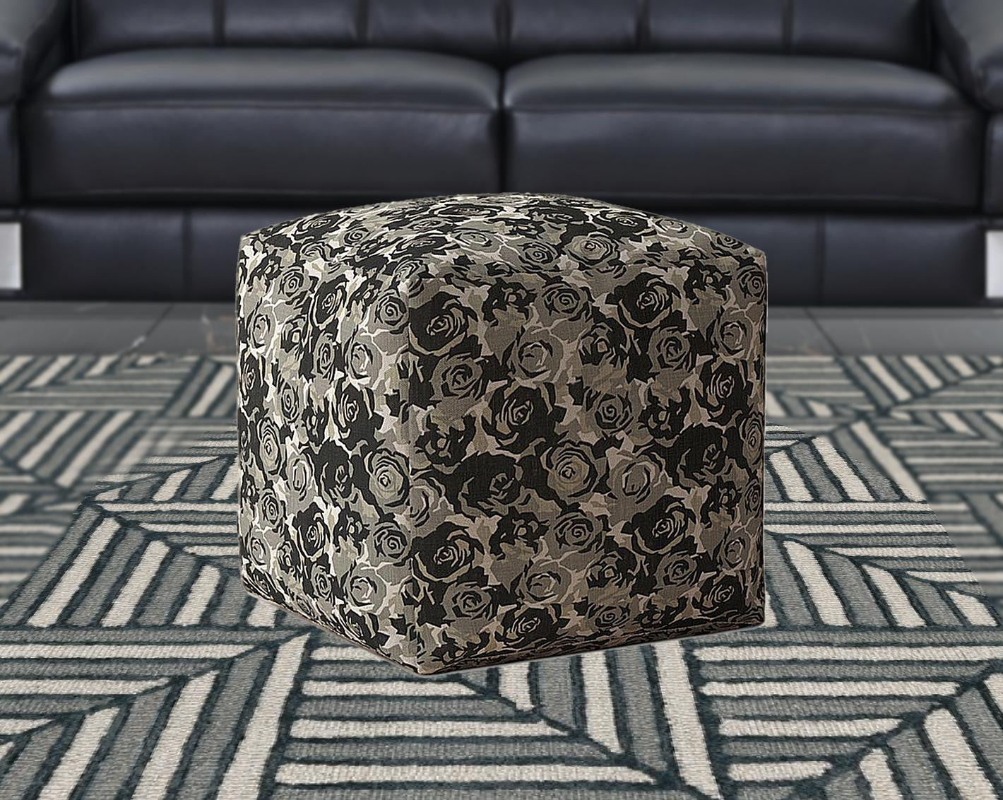 17" Beige Canvas Floral Pouf Ottoman