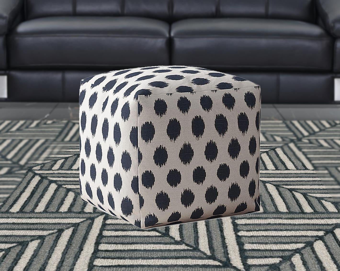 17" Blue And White Canvas Polka Dots Pouf Ottoman