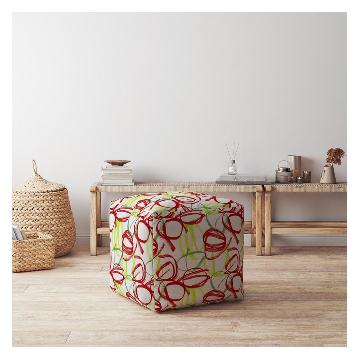 17" Red And White Cotton Abstract Pouf Ottoman