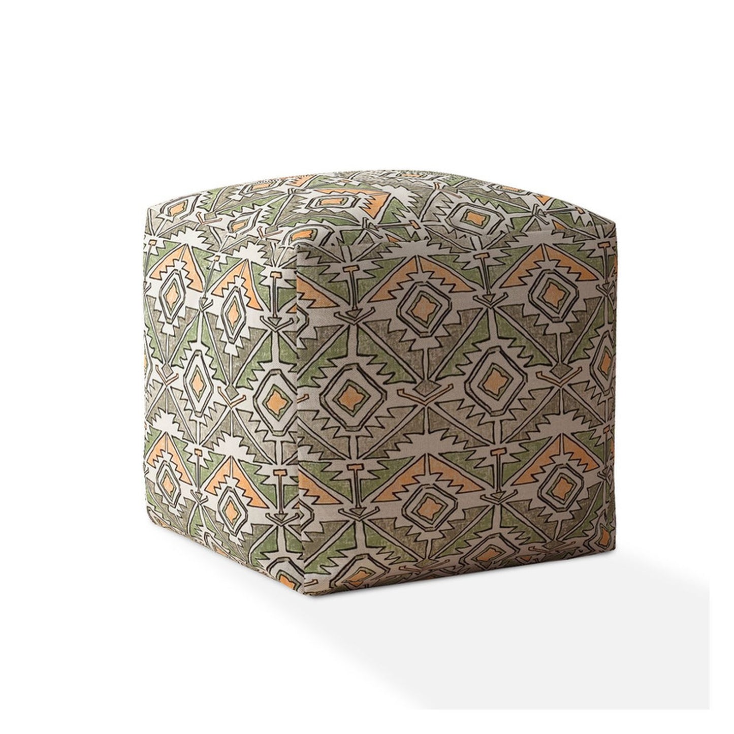 17" Orange Cotton Damask Pouf Ottoman