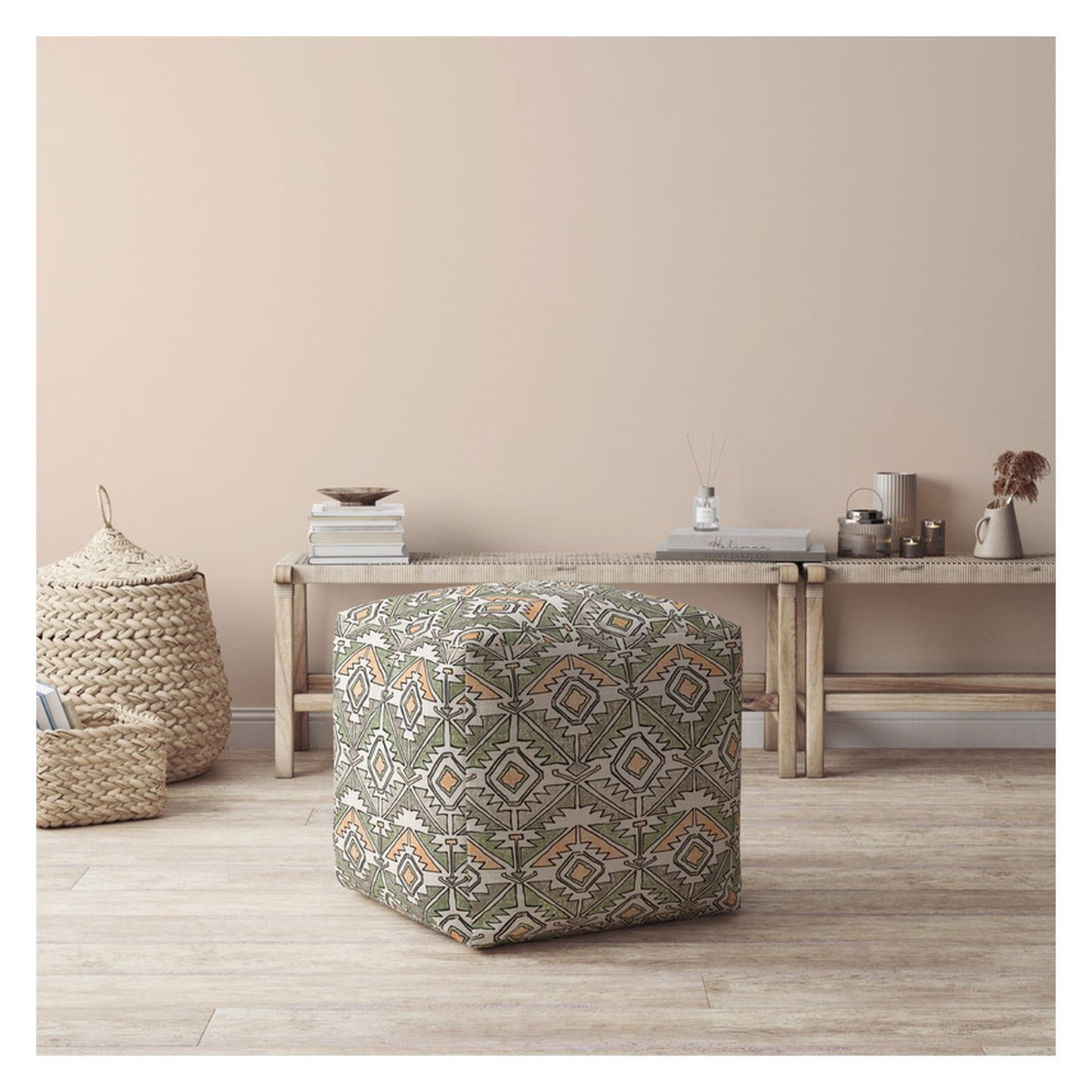 17" Orange Cotton Damask Pouf Ottoman