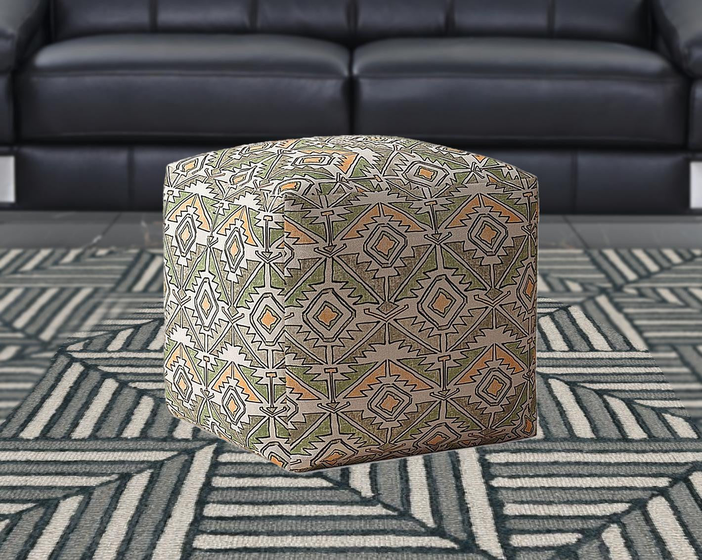 17" Orange Cotton Damask Pouf Ottoman