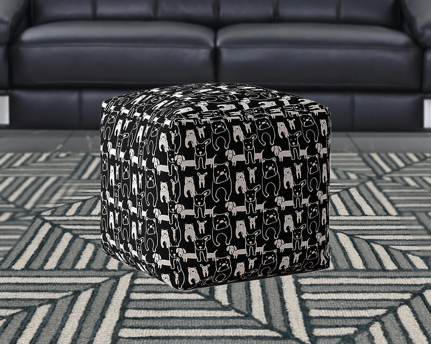 17" Black Cotton Animal Print Pouf Ottoman