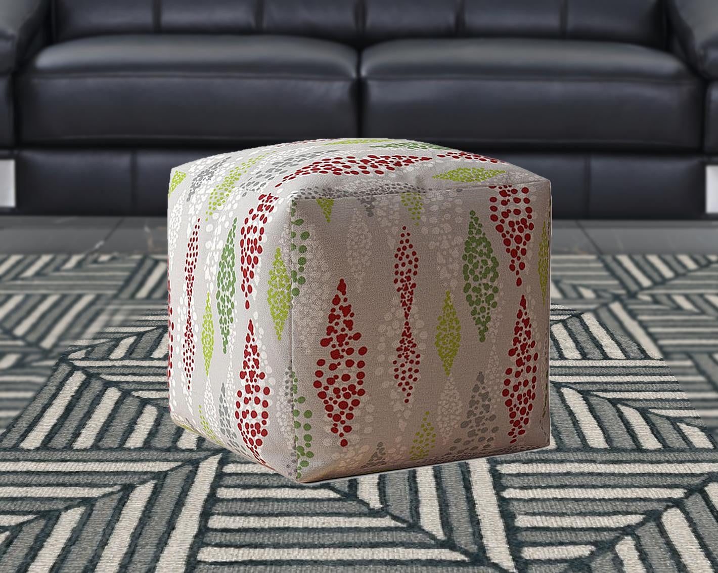 17" Ivory Cotton Polka Dots Pouf Ottoman