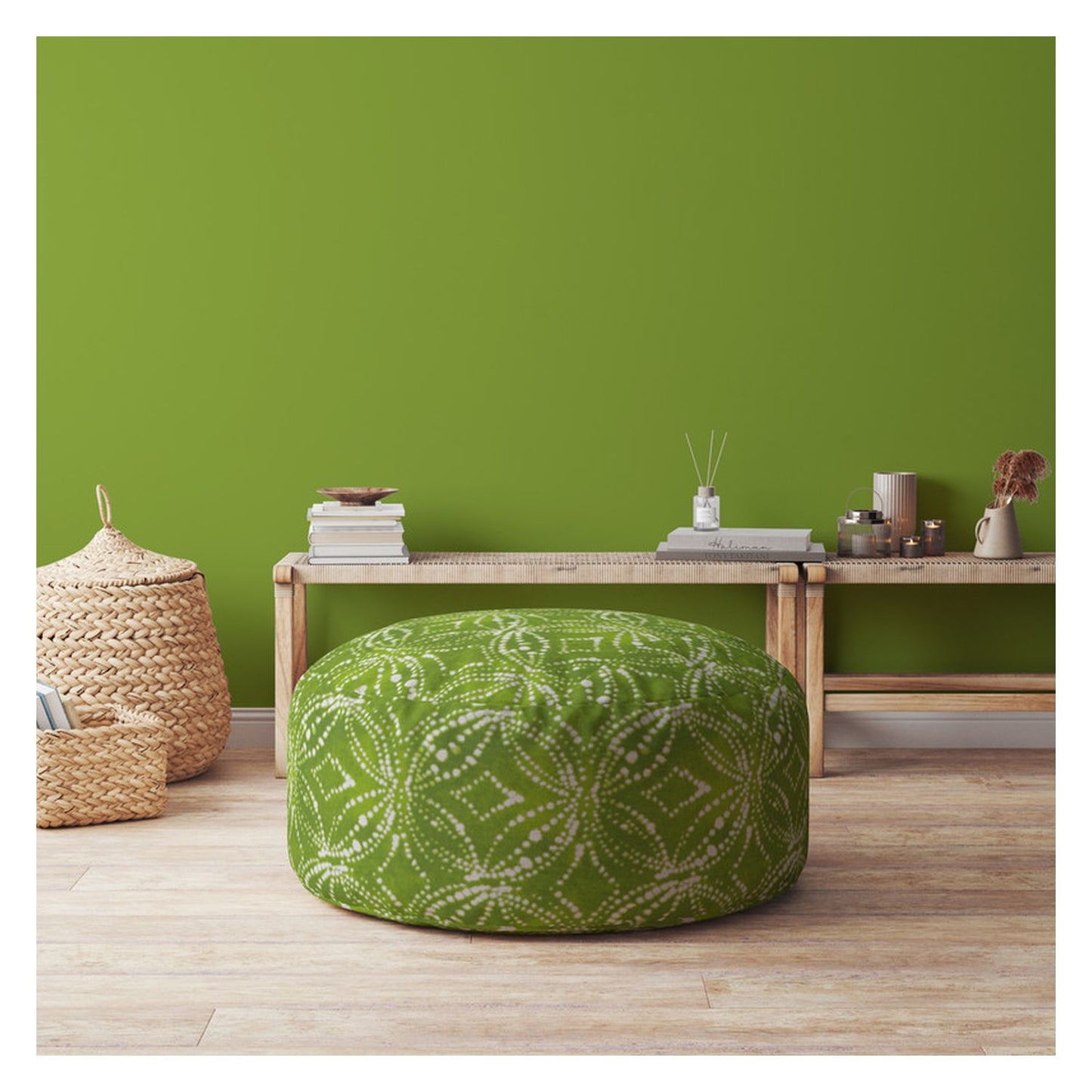 24" Green And White Cotton Round Damask Pouf Ottoman