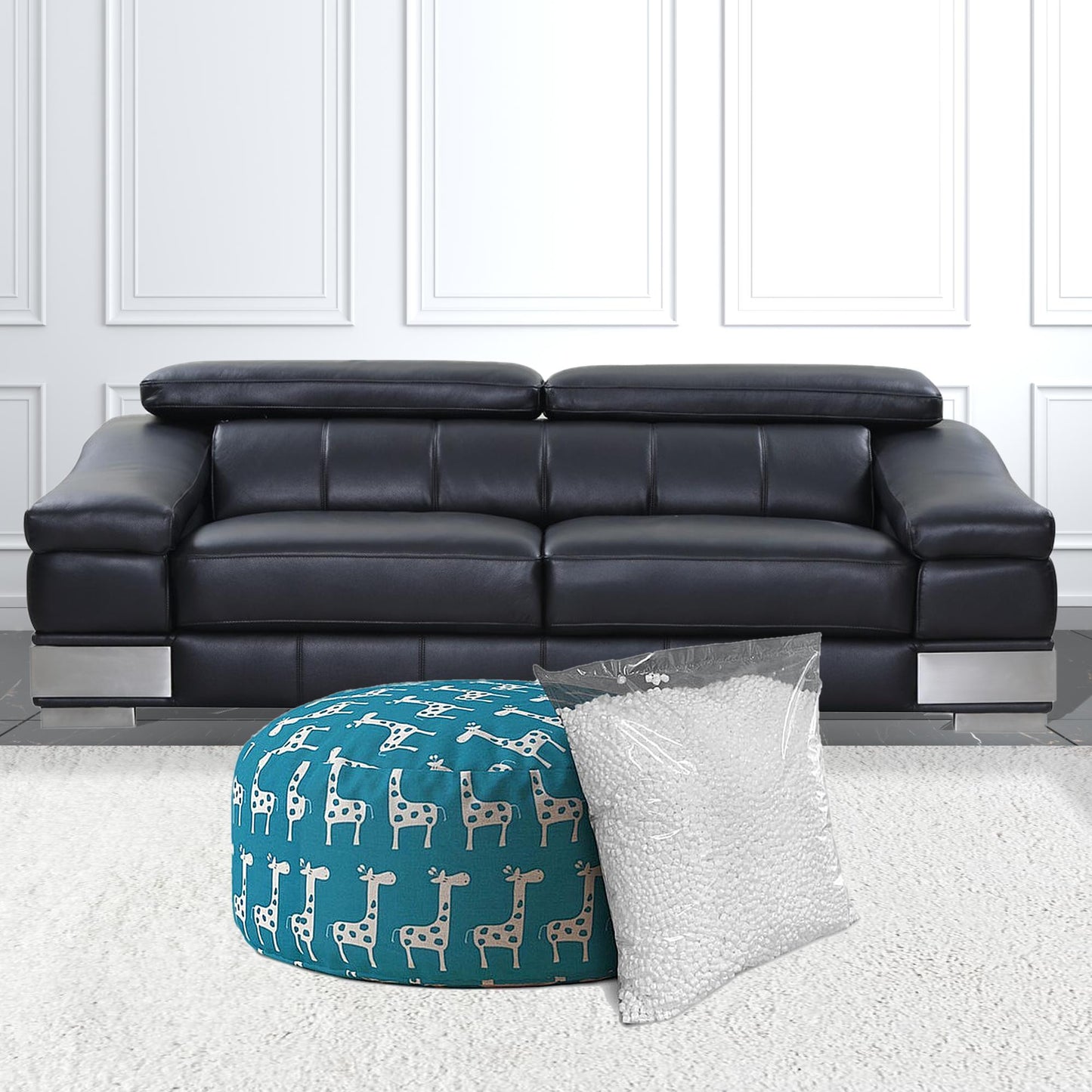 24" Blue And White Cotton Round Giraffe Pouf Ottoman