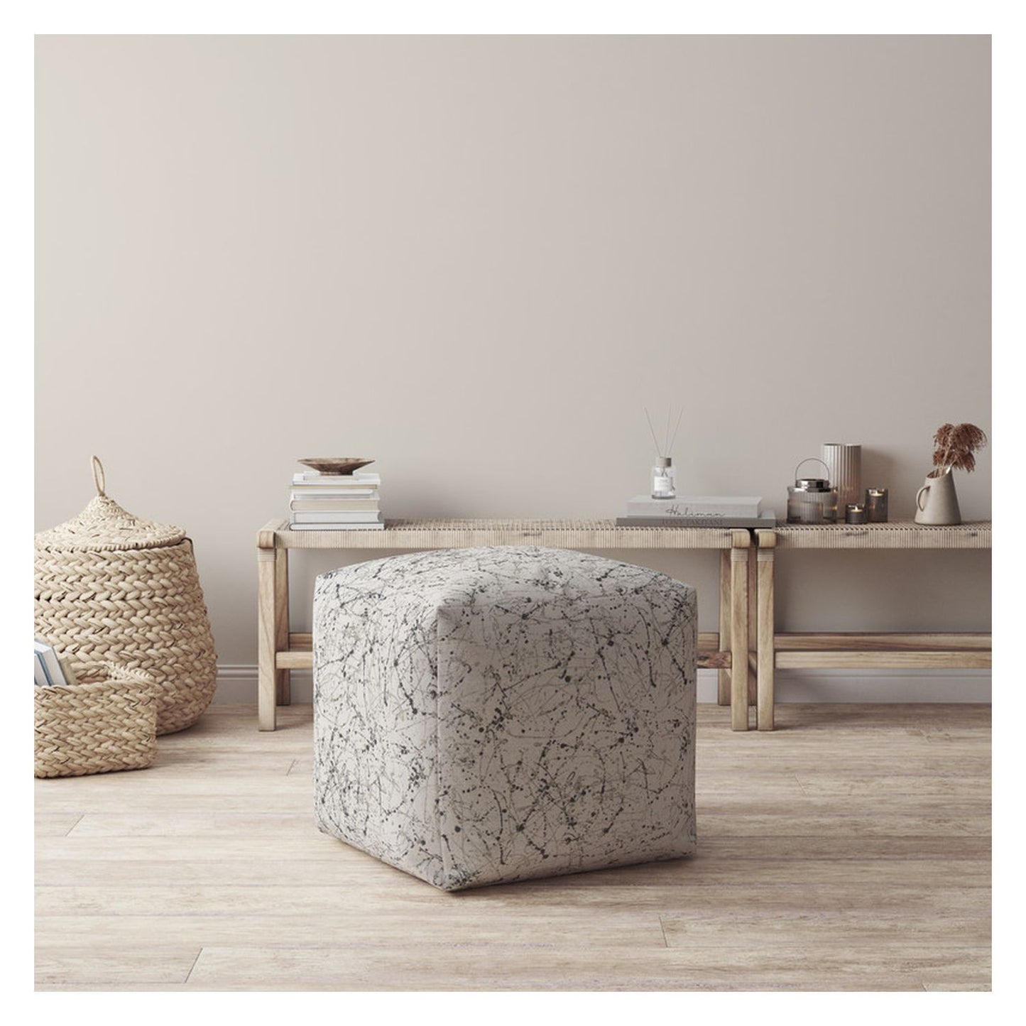 17" Beige Flax Abstract Pouf Cover