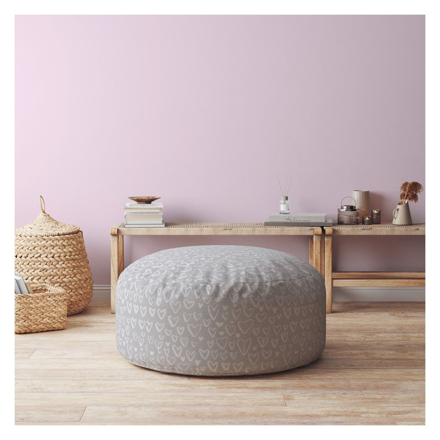 24" Gray Cotton Round Floral Pouf Ottoman