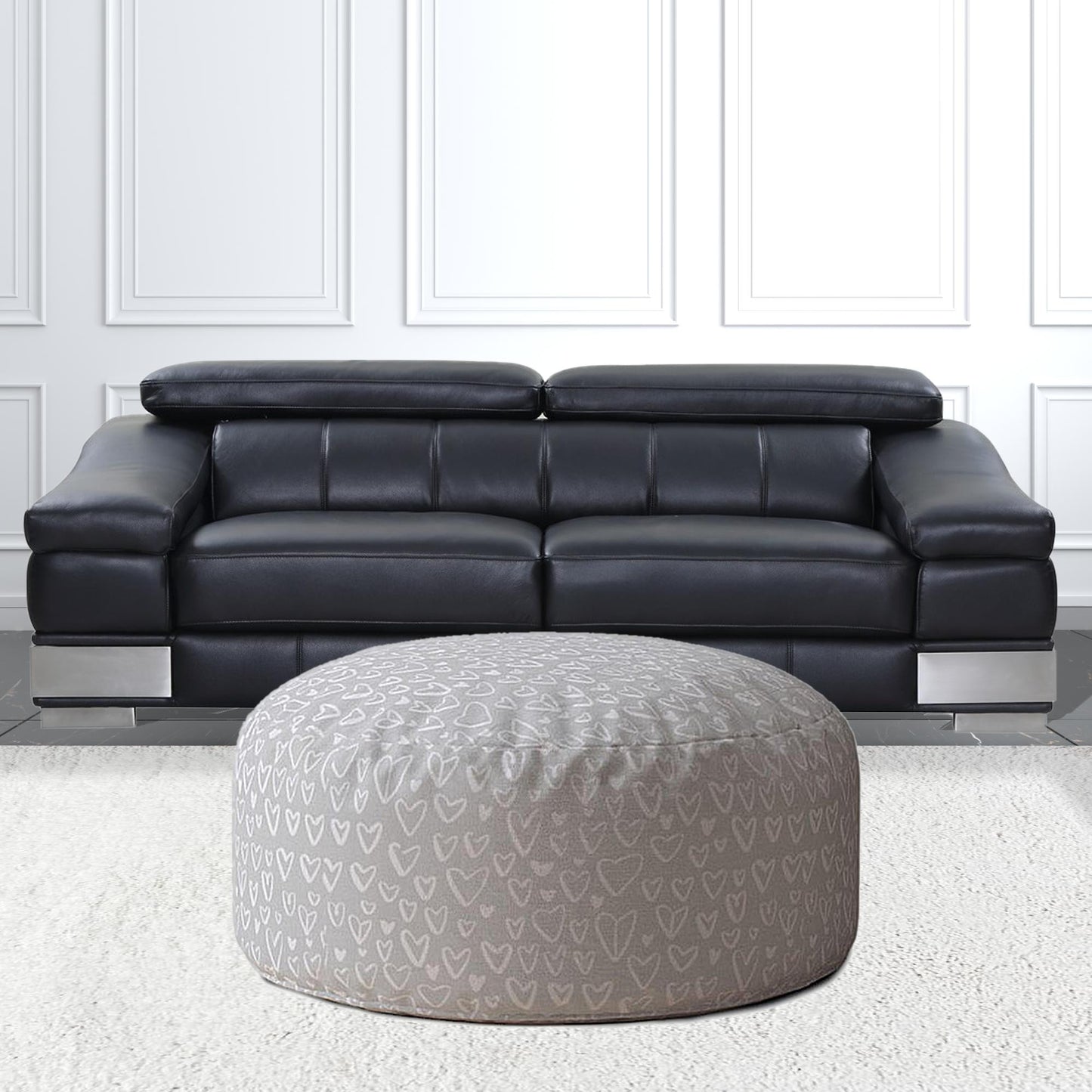 24" Gray Cotton Round Floral Pouf Ottoman