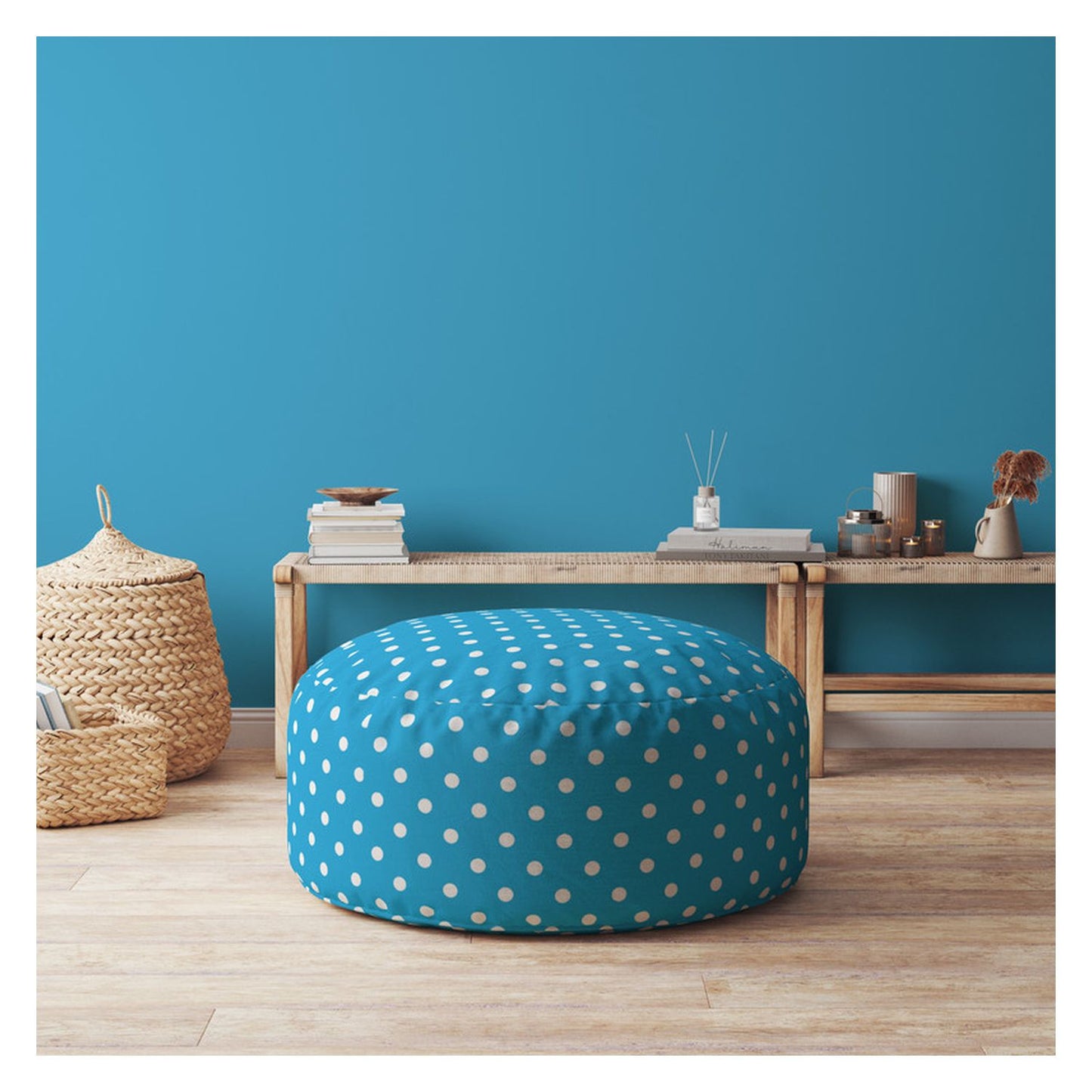 24" Blue And White Cotton Round Polka Dots Pouf Cover