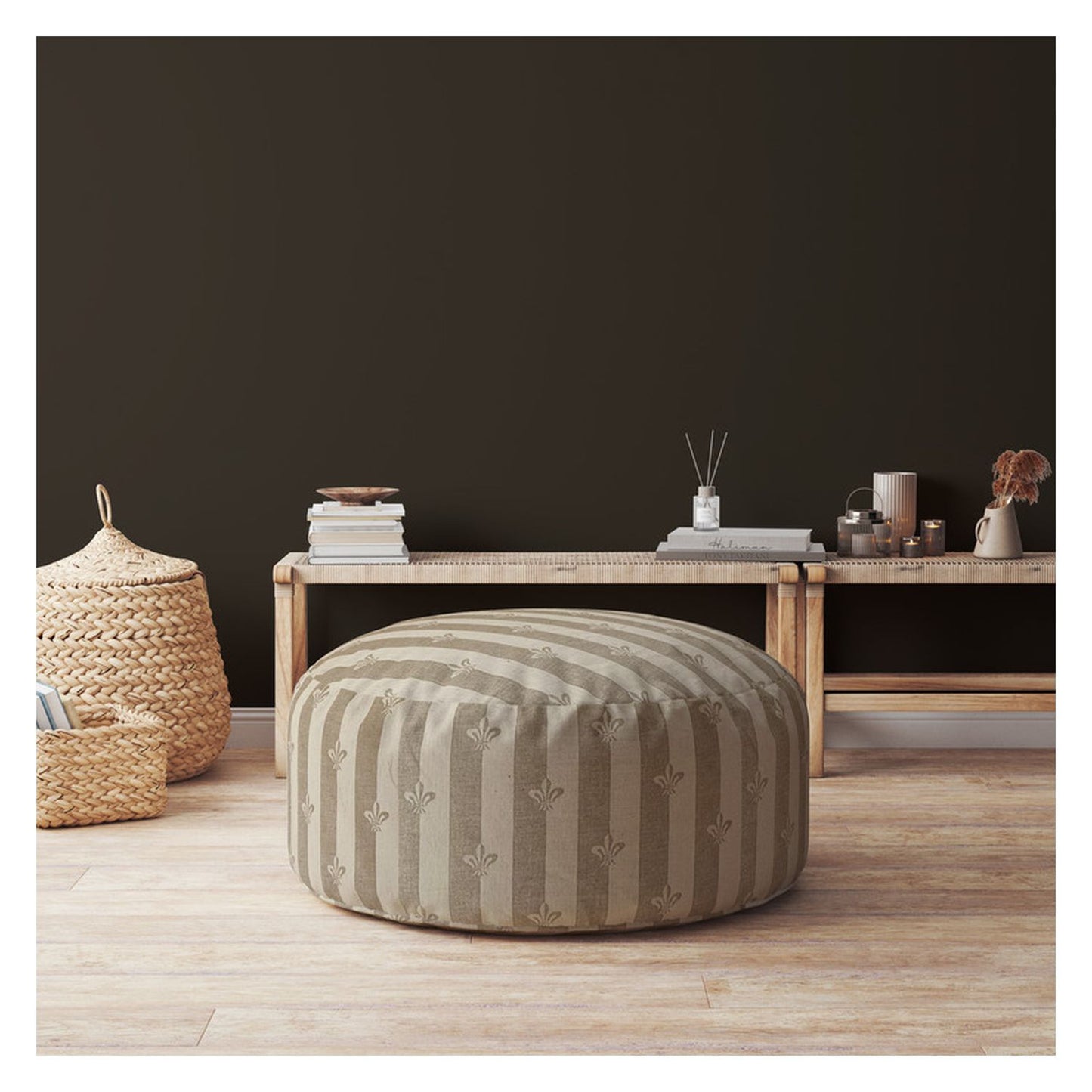 24" Taupe Flax Round Floral Pouf Ottoman