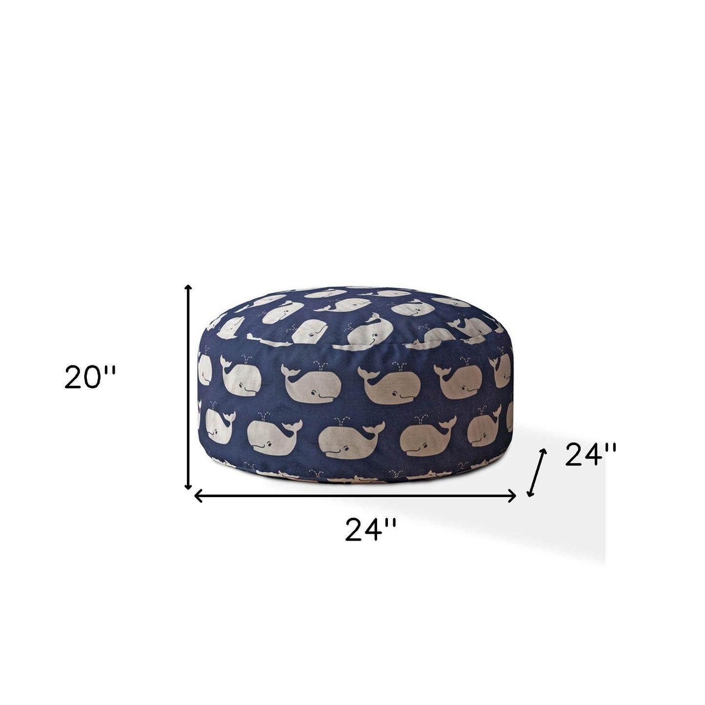 24" Blue And White Twill Round Animal Print Pouf Ottoman