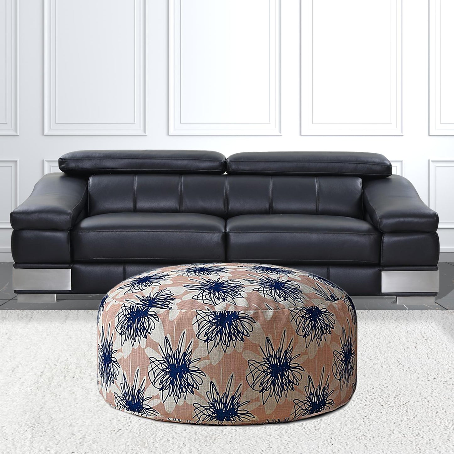 24" Pink And Blue Canvas Round Floral Pouf Cover