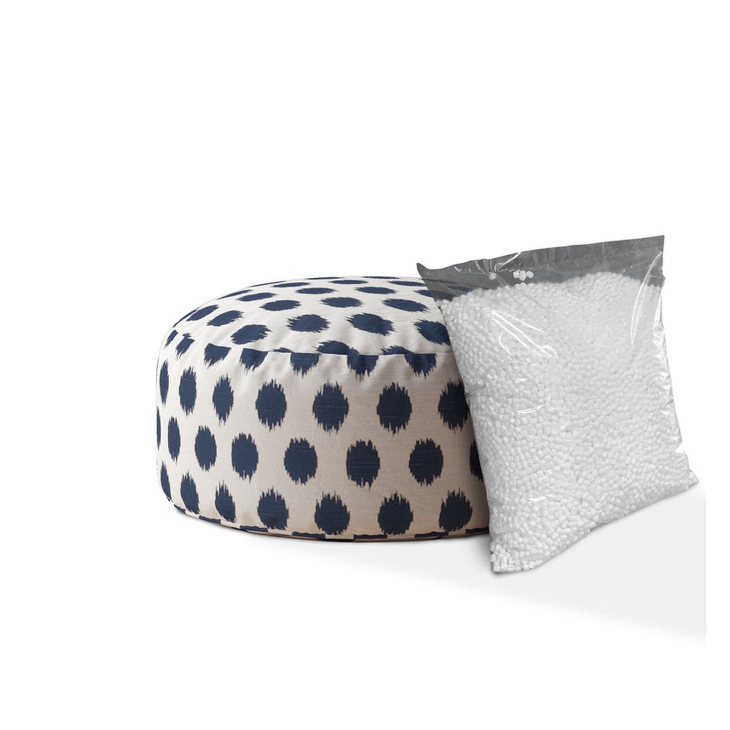 24" Blue And White Canvas Round Polka Dots Pouf Ottoman