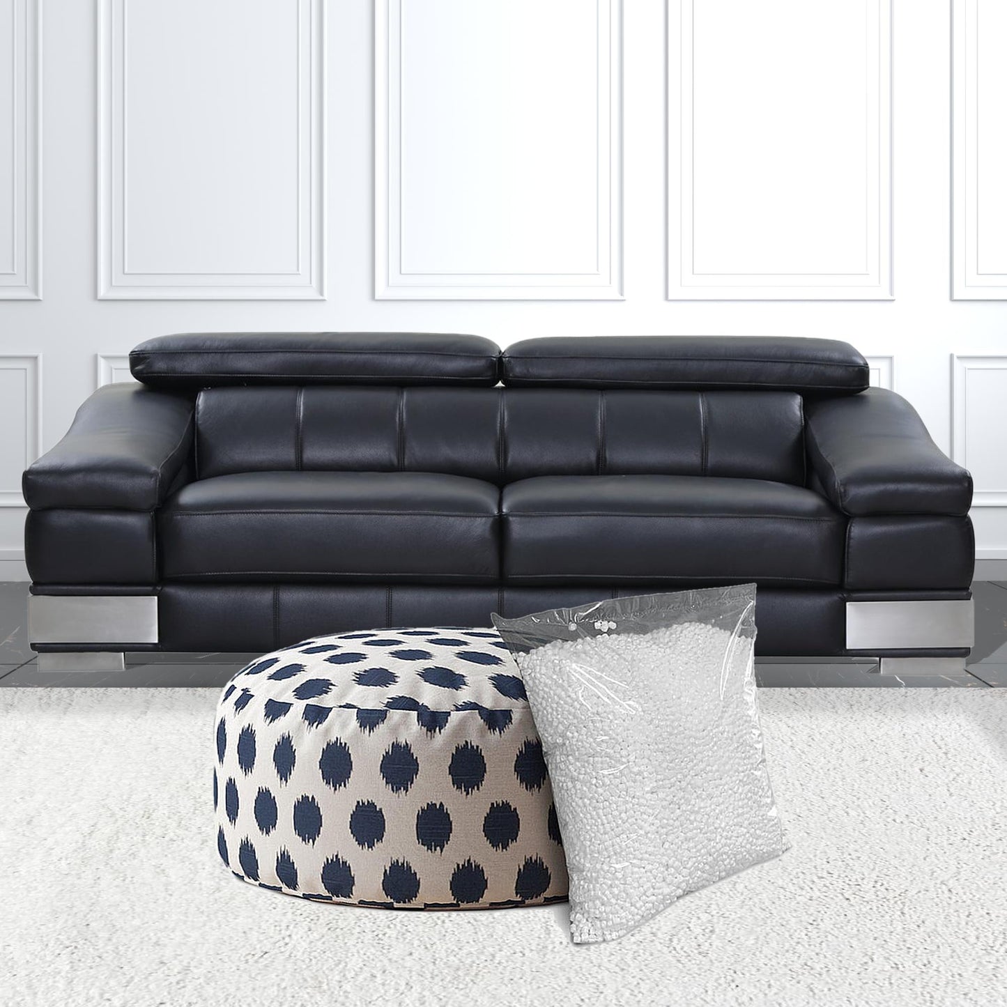 24" Blue And White Canvas Round Polka Dots Pouf Ottoman