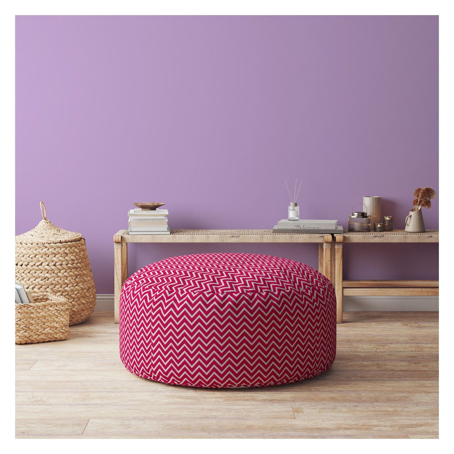 24" Pink Cotton Round Chevron Pouf Ottoman