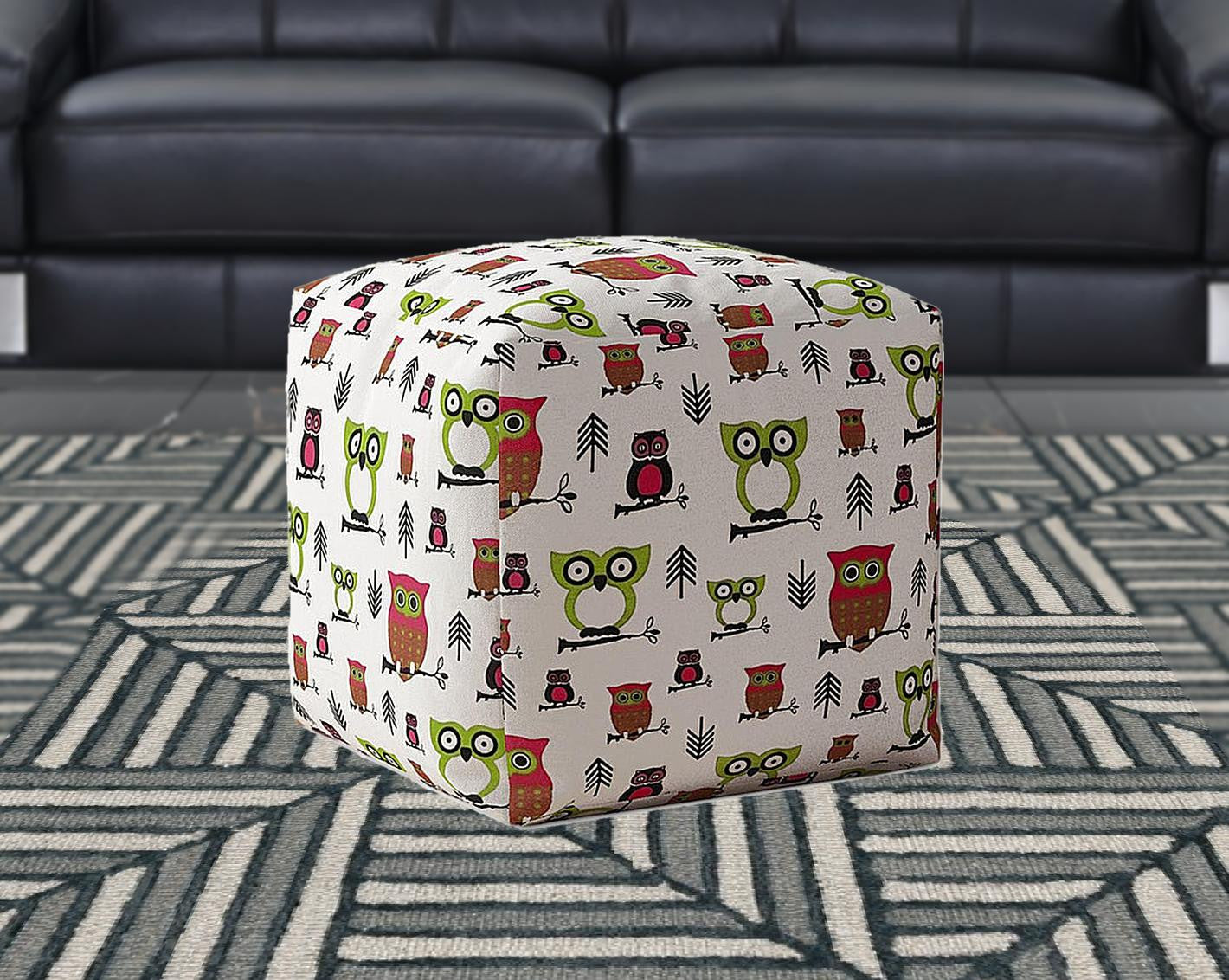 17" Green And White Cotton Owls Pouf Ottoman