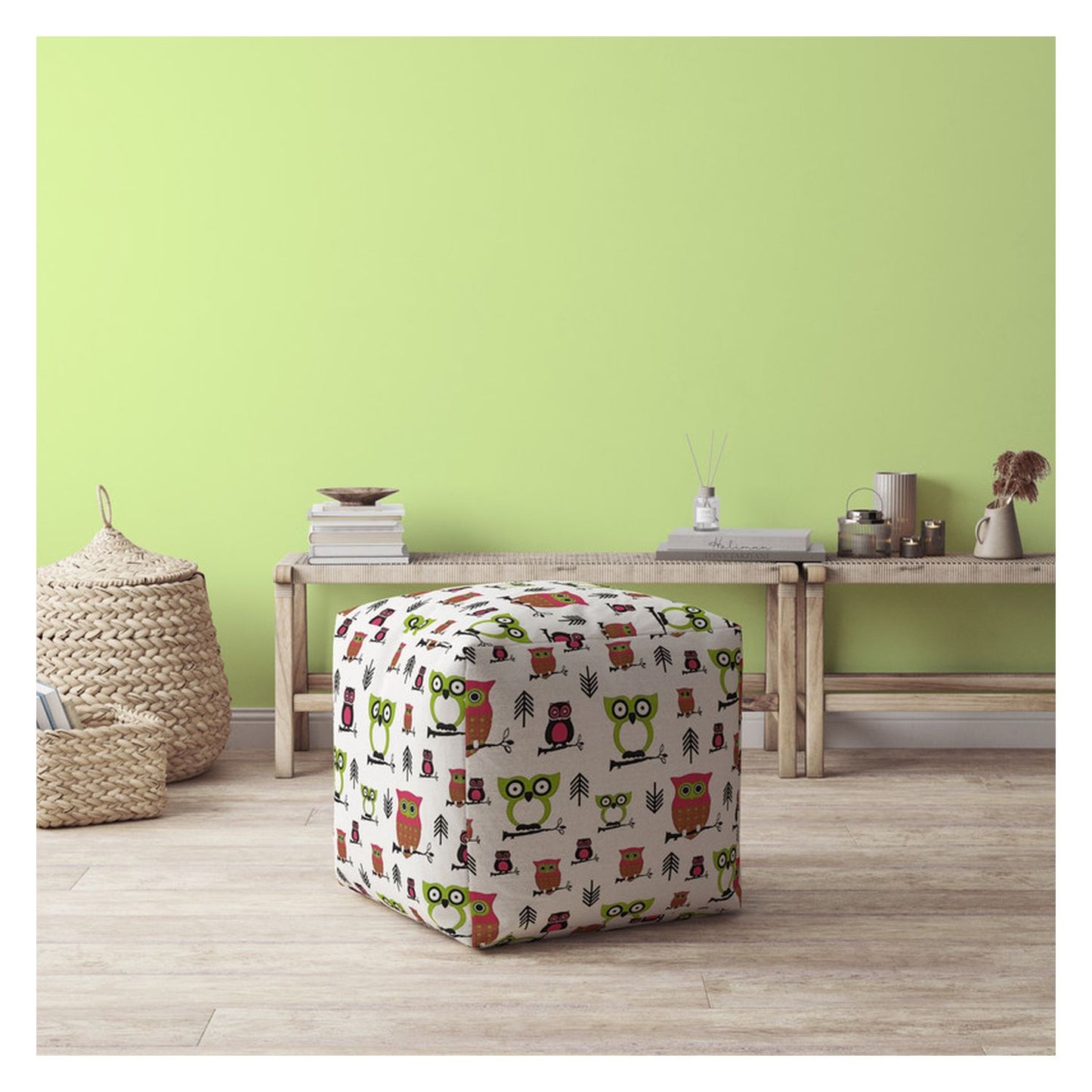 17" Green And White Cotton Owls Pouf Ottoman