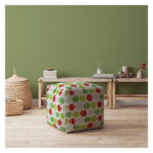 17" Green And White Cotton Polka Dots Pouf Ottoman