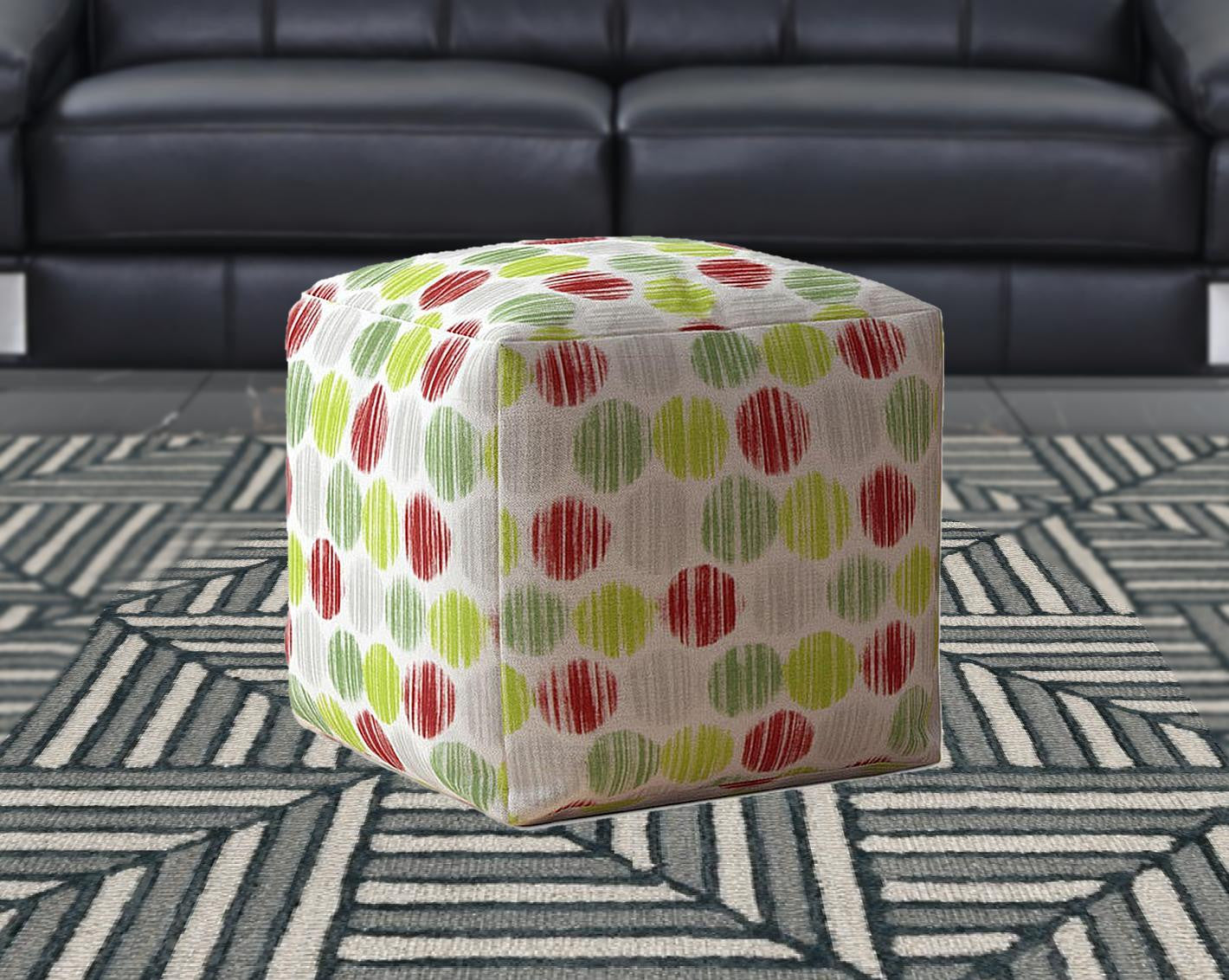 17" Green And White Cotton Polka Dots Pouf Ottoman