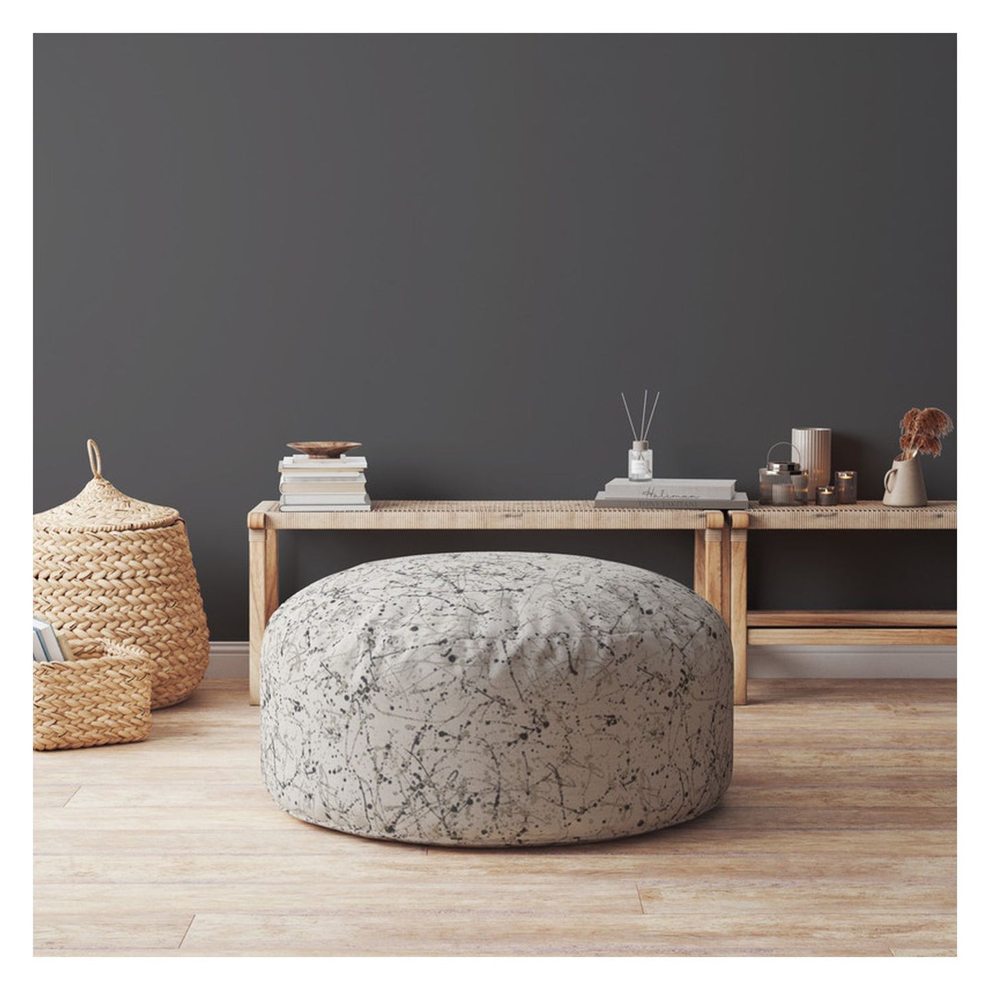 24" Beige Flax Round Abstract Pouf Cover