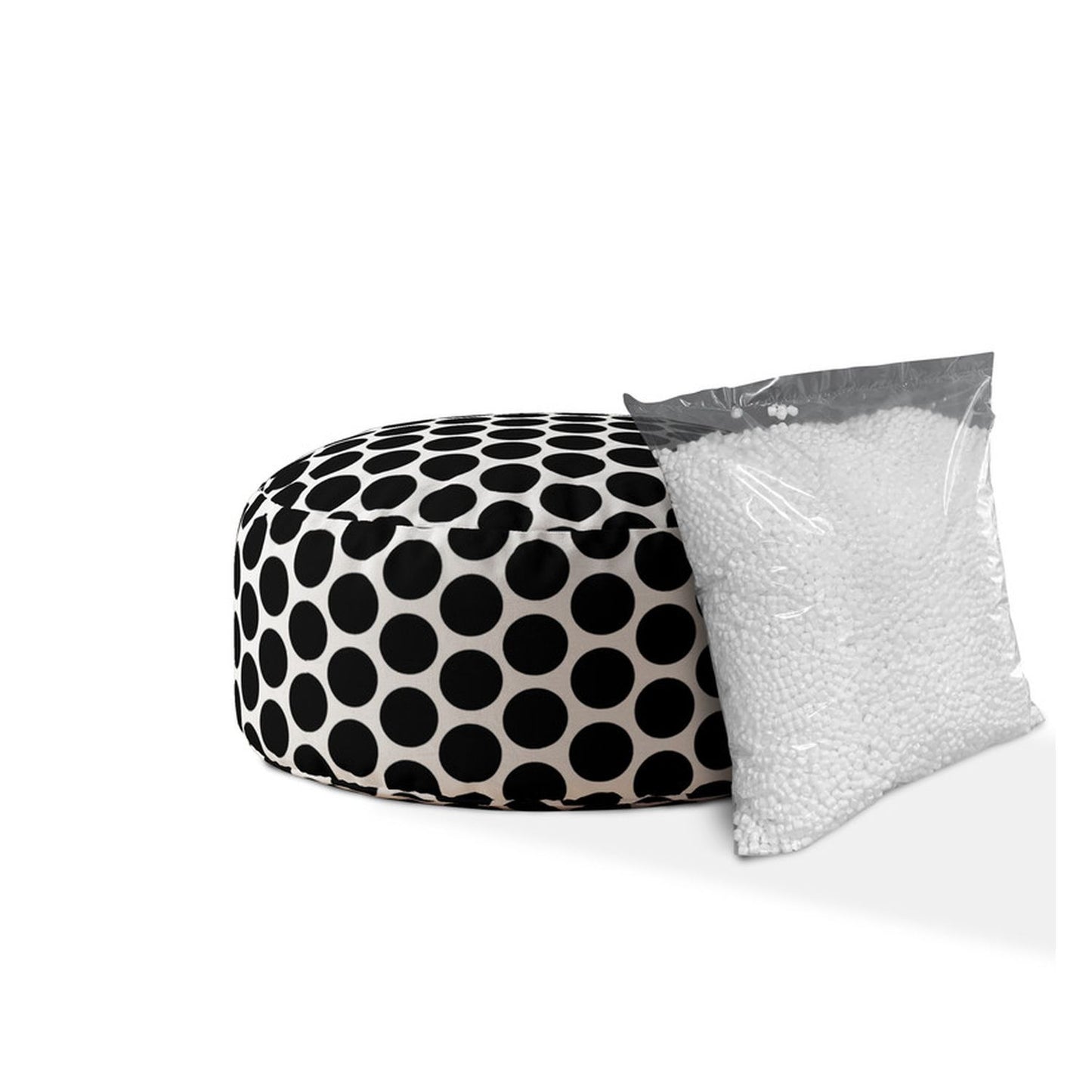 24" Black And White Cotton Round Polka Dots Pouf Ottoman