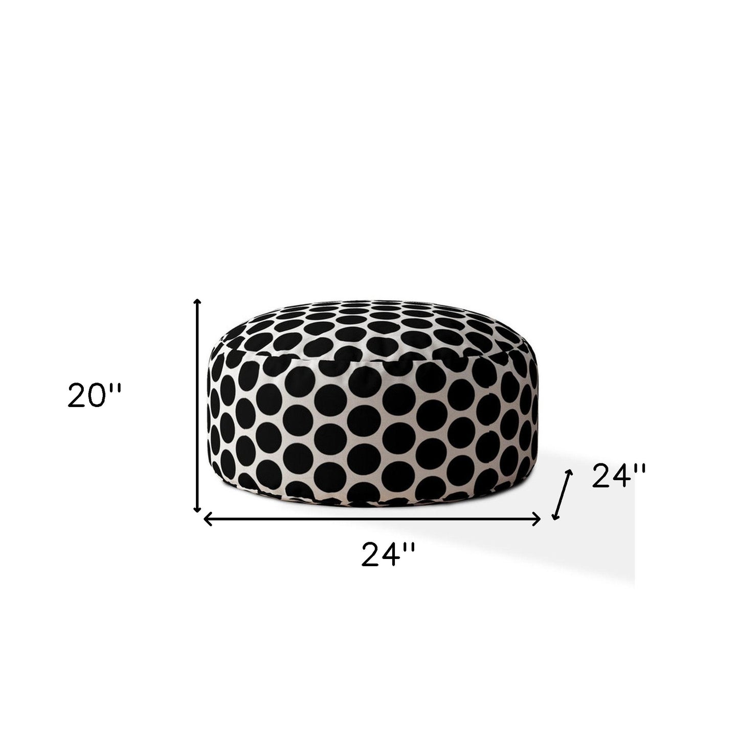 24" Black And White Cotton Round Polka Dots Pouf Ottoman