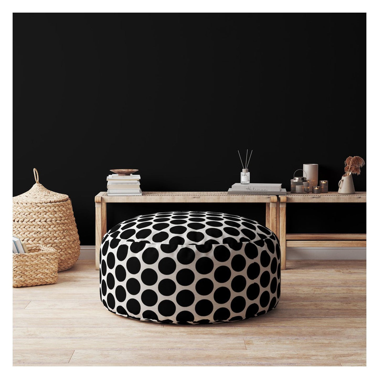 24" Black And White Cotton Round Polka Dots Pouf Ottoman