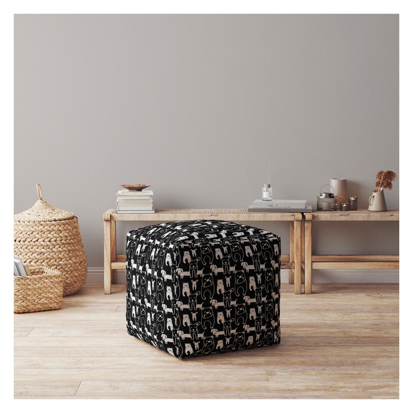 17" Black And White Cotton Dog Pouf Cover