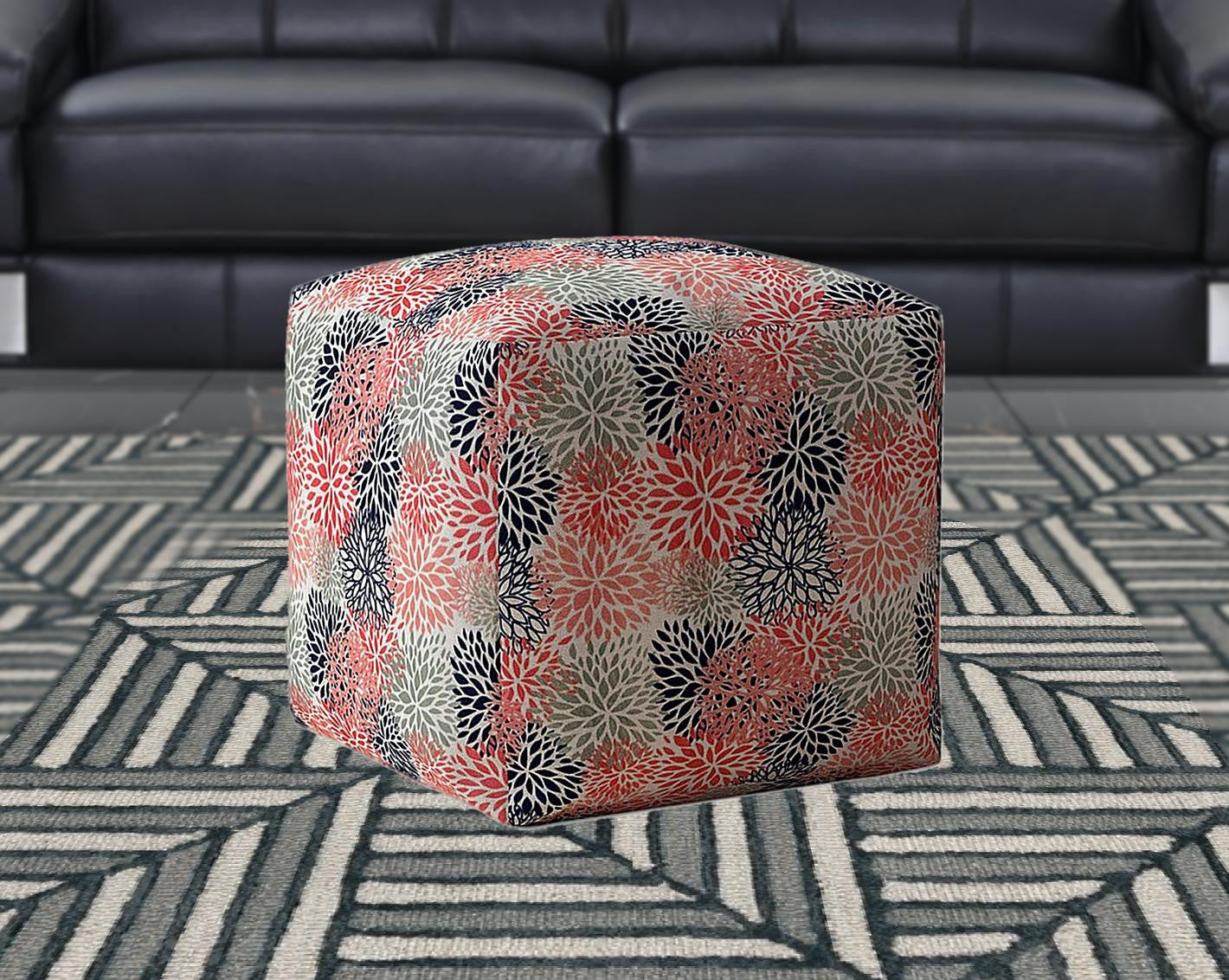 17" Coral Polyester Floral Pouf Ottoman