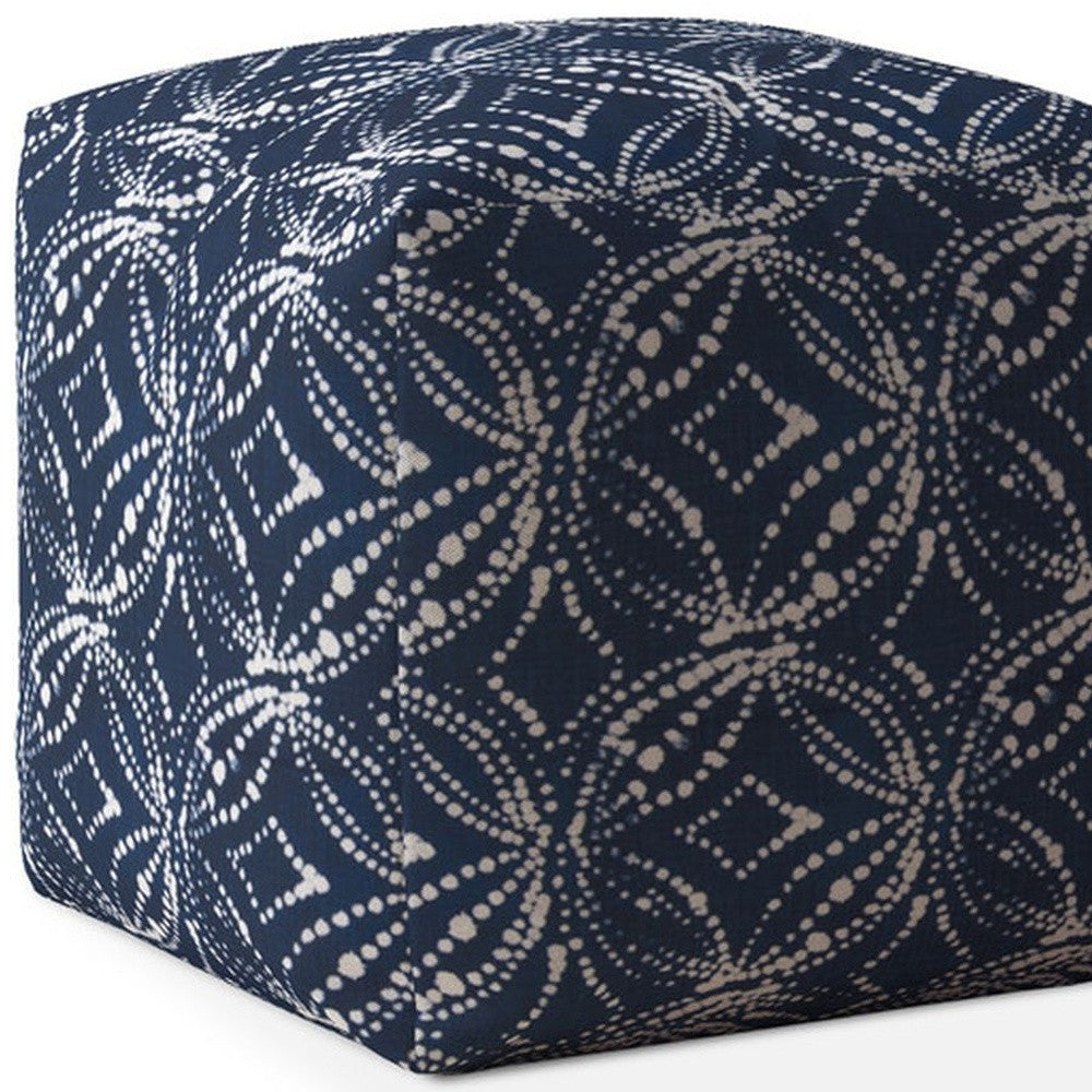 17" Blue And White Canvas Damask Pouf Ottoman