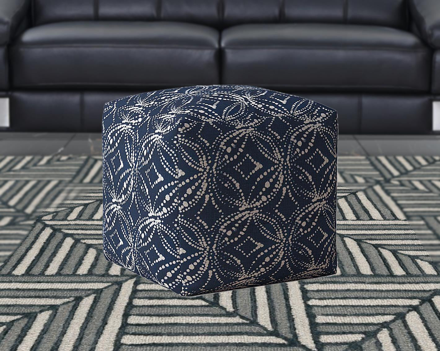 17" Blue And White Canvas Damask Pouf Ottoman