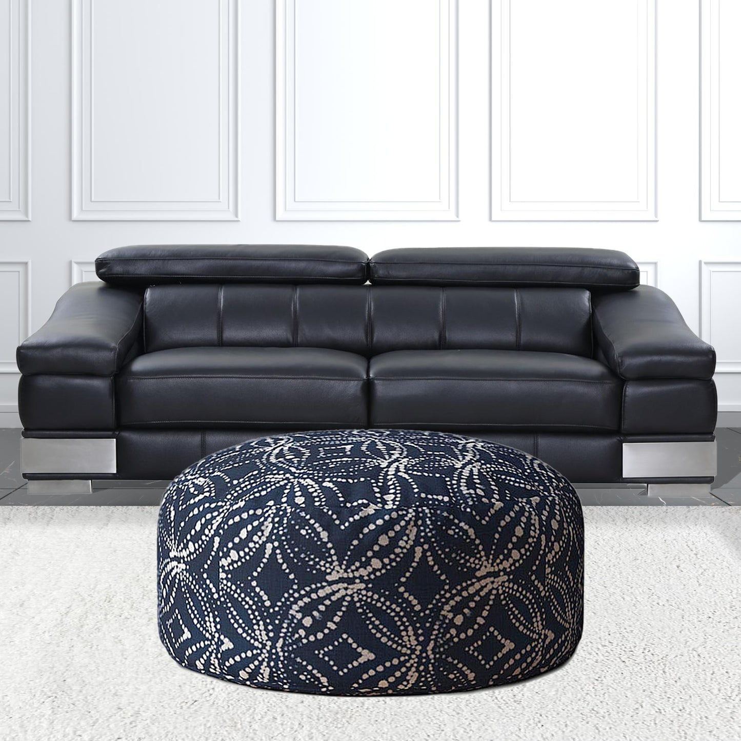 24" Blue And White Canvas Round Damask Pouf Ottoman