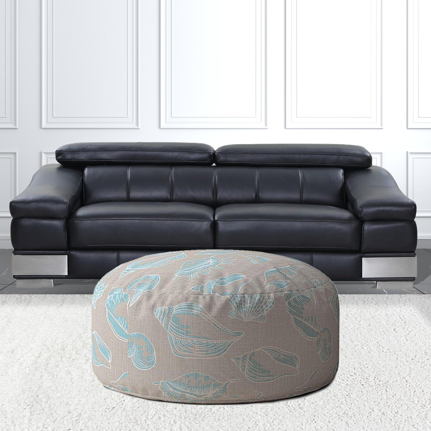 24" Blue Canvas Round Animal Print Pouf Ottoman