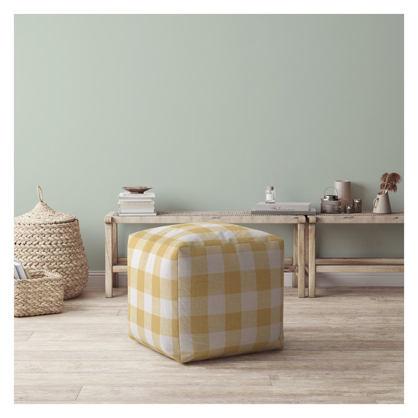 17" Yellow And White Canvas Gingham Pouf Ottoman