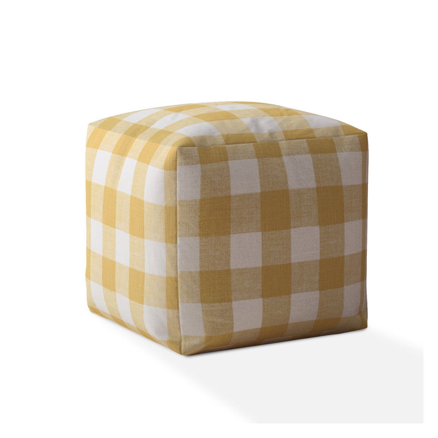 17" Yellow And White Canvas Gingham Pouf Ottoman